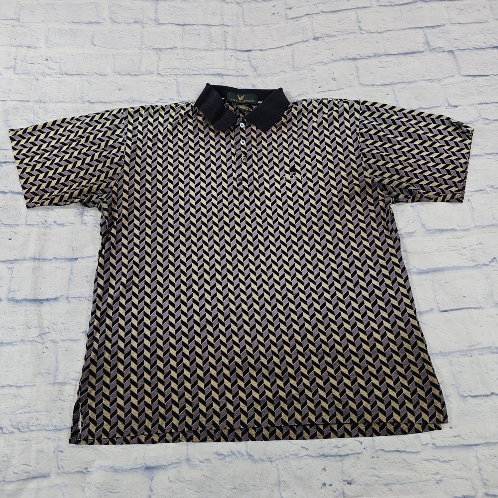 Lyle & Scott Polo Shirt Men L Black Purple Chevron Troon Golf Geometric VTG USA